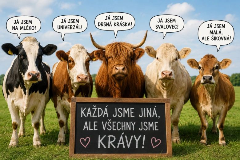 Pět krav různých plemen na trávníku s českým textem.