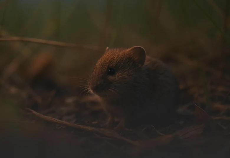 Polní hraboš sedící mezi suchými listy v přírodě.