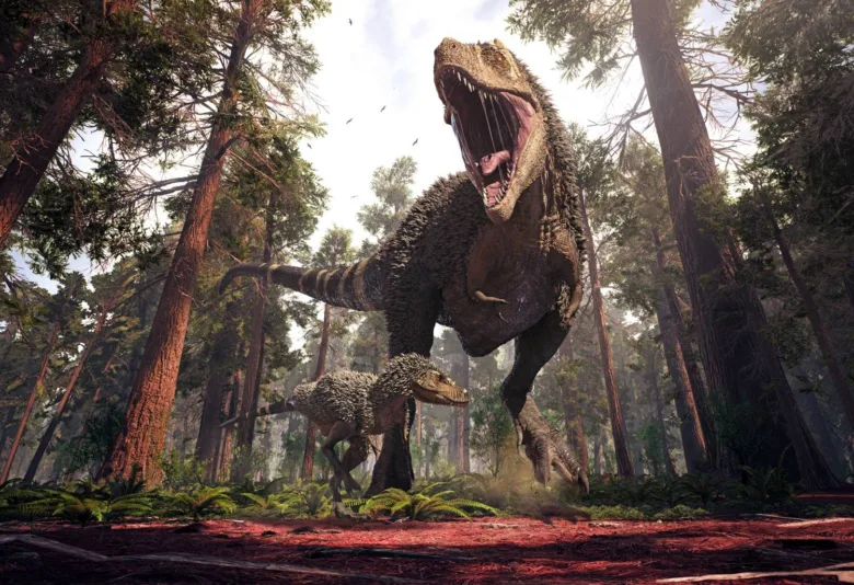Velký tyranozaur s mláďetem v pralesemu lese.