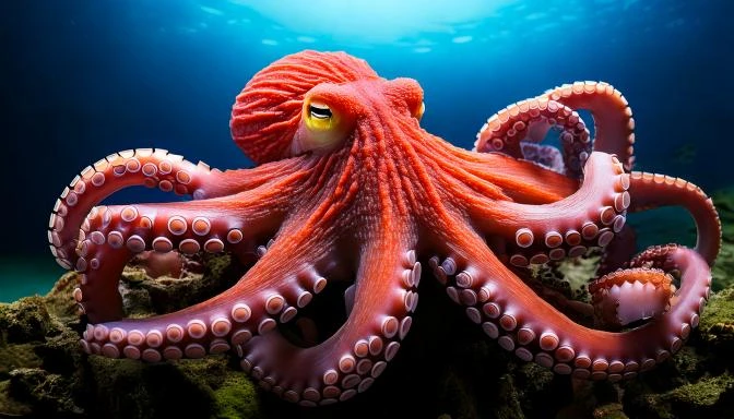 Červená chobotnice pod vodou mezi kameny a rostlinami.