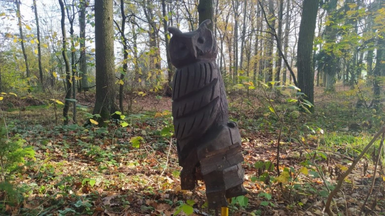 Dřevěná socha sokola v lese u Ždírecké zoo
