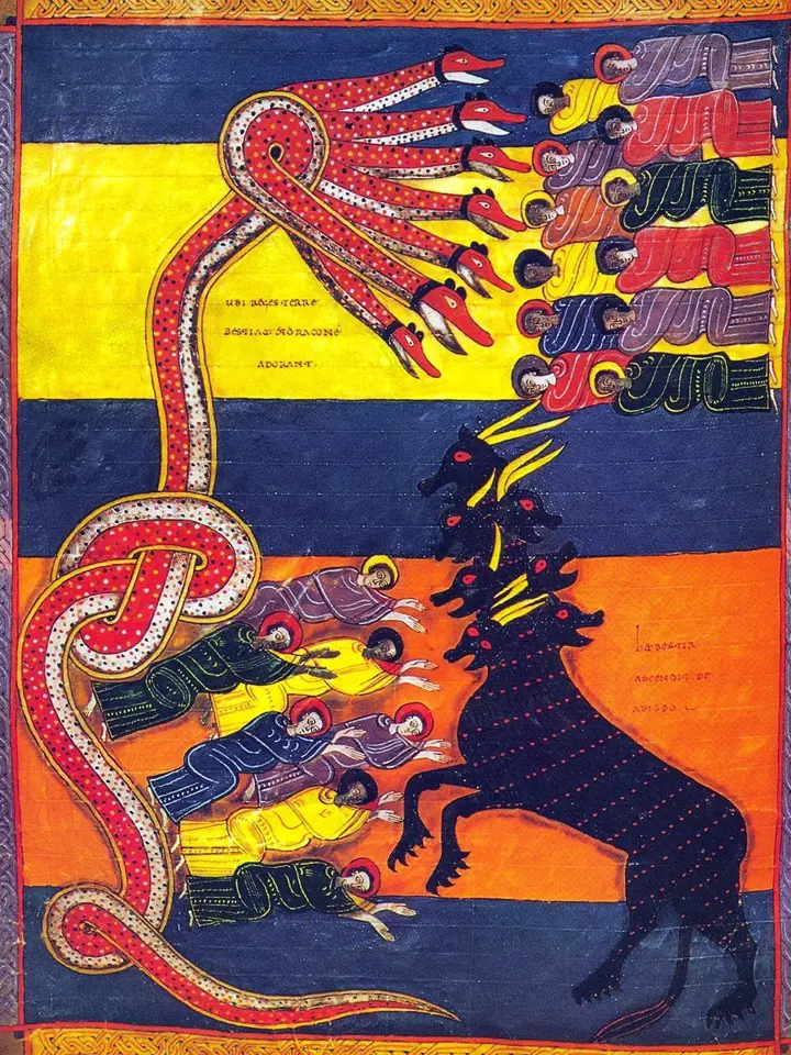 Ilustrace draka s mnoha hlavami obklopeného lidmi v modlitbě.