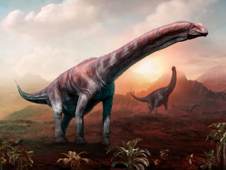 Ilustrace dlouhokrkých dinosaureů na pravěké krajině při západu slunce.