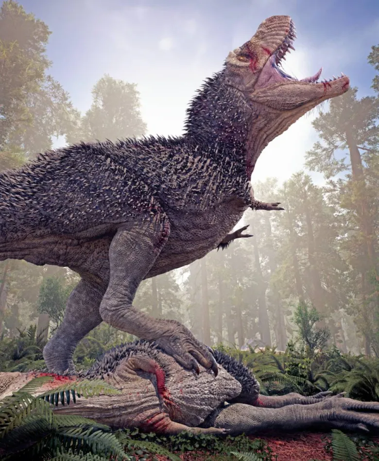 Velký tyranozaur kráčí nad padlým druhem v pralese.