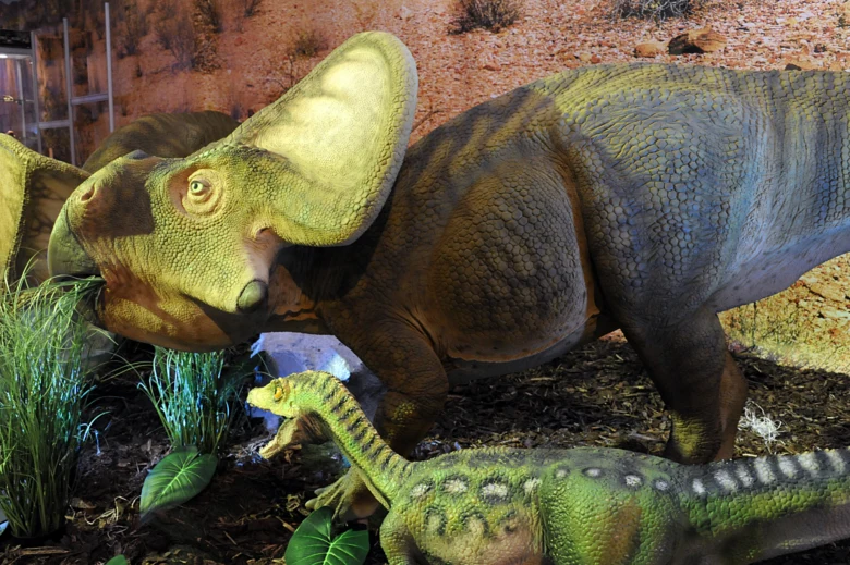 Modely dinosauřů v expozici pro děti s rostlinami.
