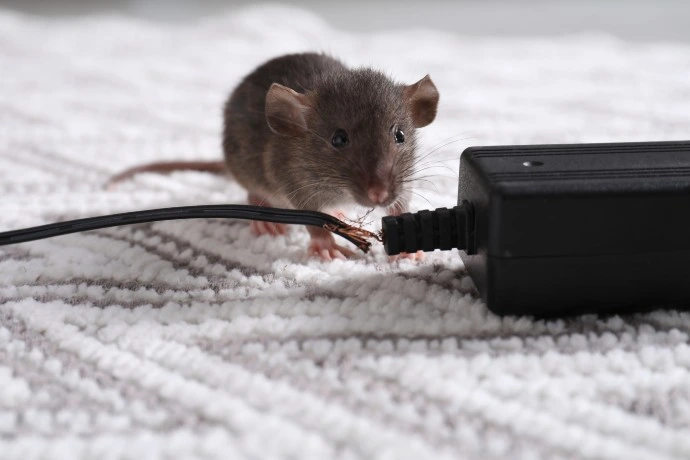 Krysa hlodá drát elektrického adaptéru na podlaze.