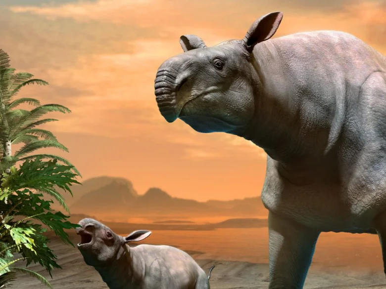 Dospělý paraceratherium s mládětem v prehistorickém prostředí.