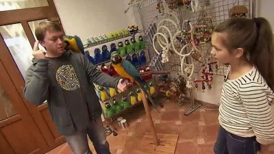 Muž s papoušky na rameně mluví s dívkou v obchodě s exotickými ptáky.