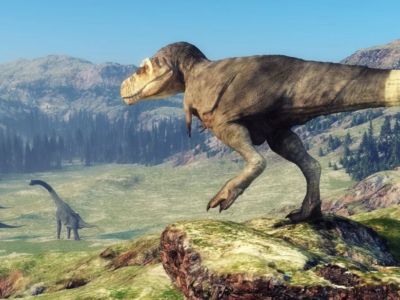 Tyranosaurovi Rex stojí na skále v pravěku s dalšími dinosaury.