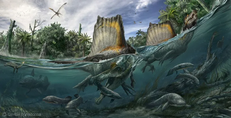 Ilustrace vodních dinosauřů plavoucích v moři s rybami.