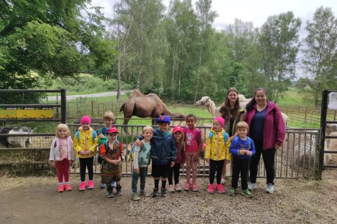 Děti s delfíny v zoo na venkovském areálu