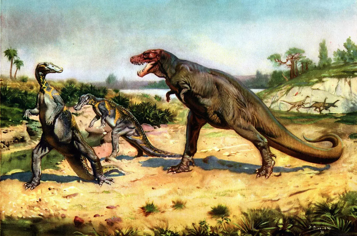 Ilustrace dinosaury T-rex s menšími teropody od Zdeňka Buriána.