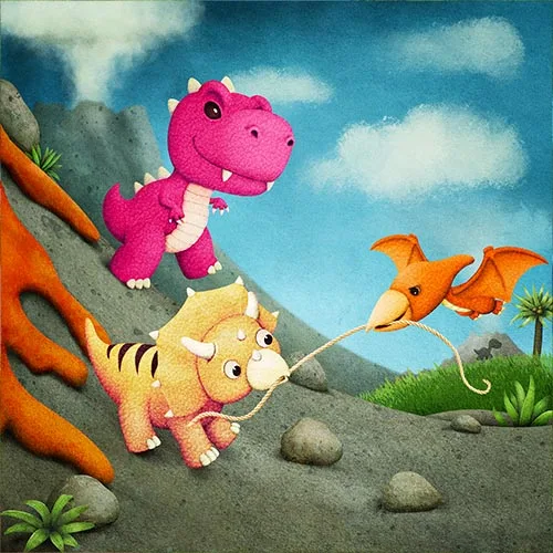 Kreslené dinosaury hrají na provázek v pravěku.
