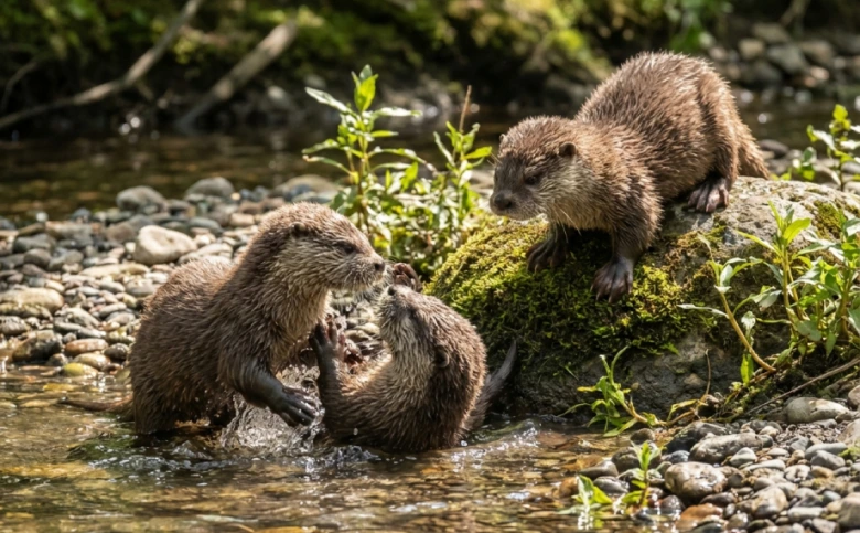 River otters playing in stream