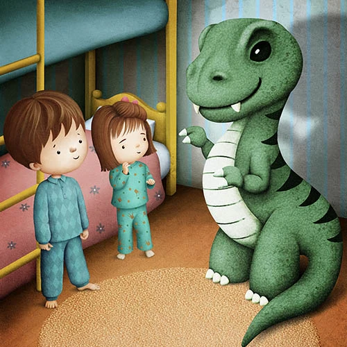 Dva děti v pyžamu stojí u přátelského dinosaura ve spálň